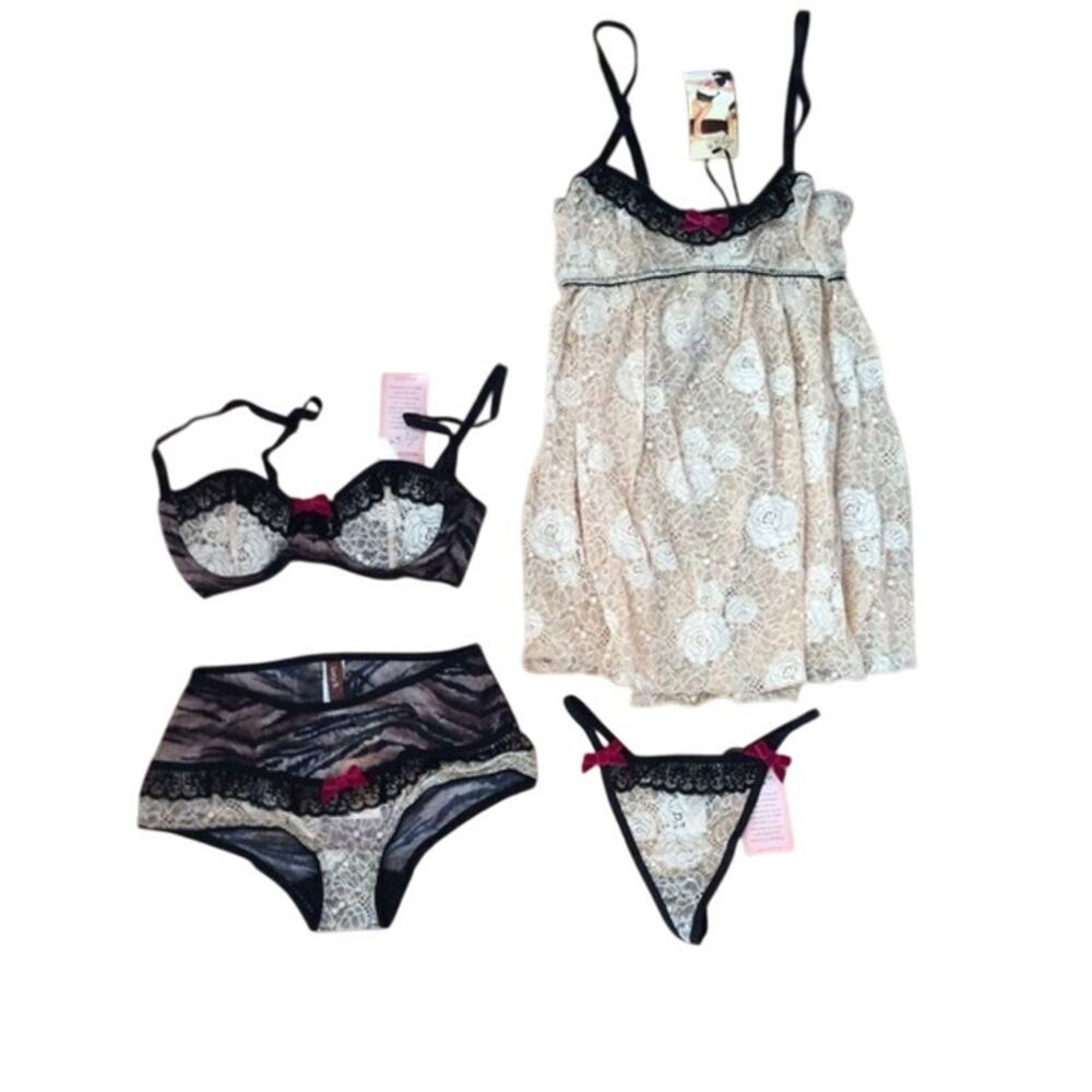 NWT Lucy B “Tabby” in Black & Champagne/Cream Lace G-String